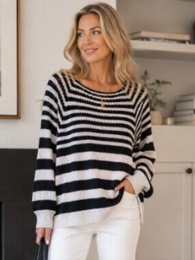 Alison Andrews  Black and Ivory Striped Tunic Sweater